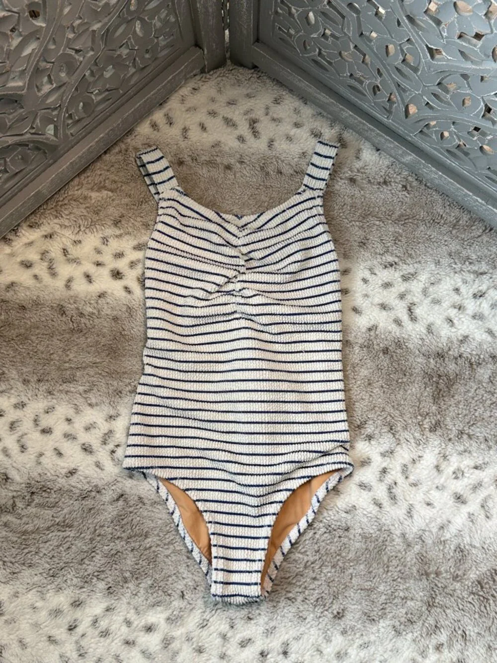 J.Crew Crewcuts navy cream striped swimsuit girls size 7 preppy beach summer